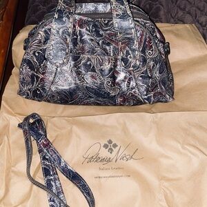 Patricia Nash Navy and Burgundy Paisley Leather Satchel with Removable Strap